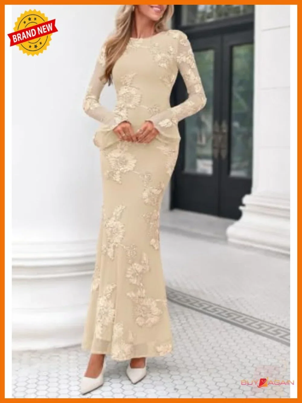 Women's Floral Mesh Maxi Bodycon Dress Bell Sleeve Party